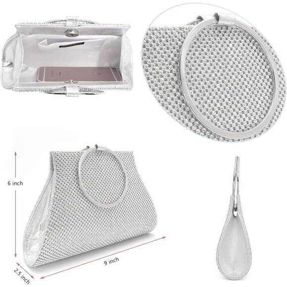 Women Silver Crystal Clutch Elegant Wristlet Bride Handbag - Picture 5 of 6